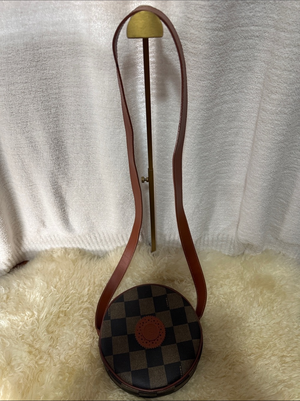 Fendi Brown Checkerboard Round Crossbody Bag